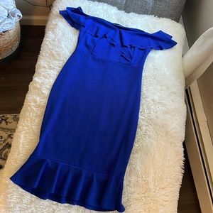 Blue midi dress. Off the shoulders. Size 14. Runs tight.